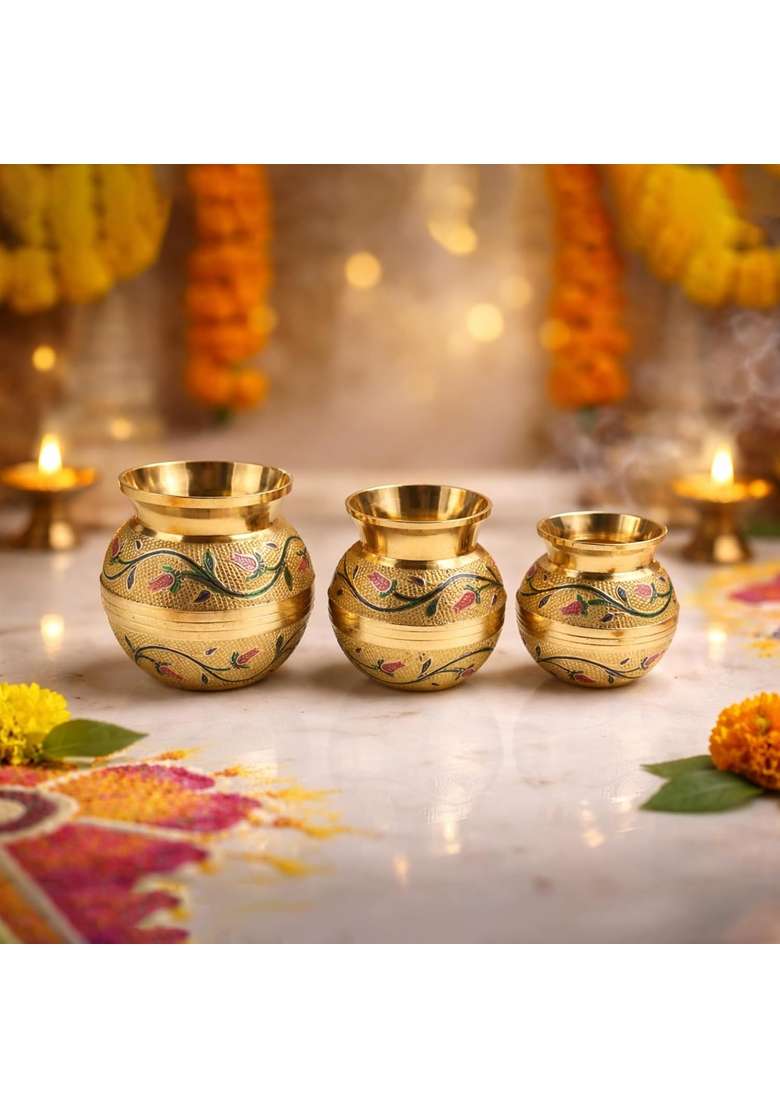 Putrika Green Brass Kudam Gubera Panai Set Set of 3 - Indya