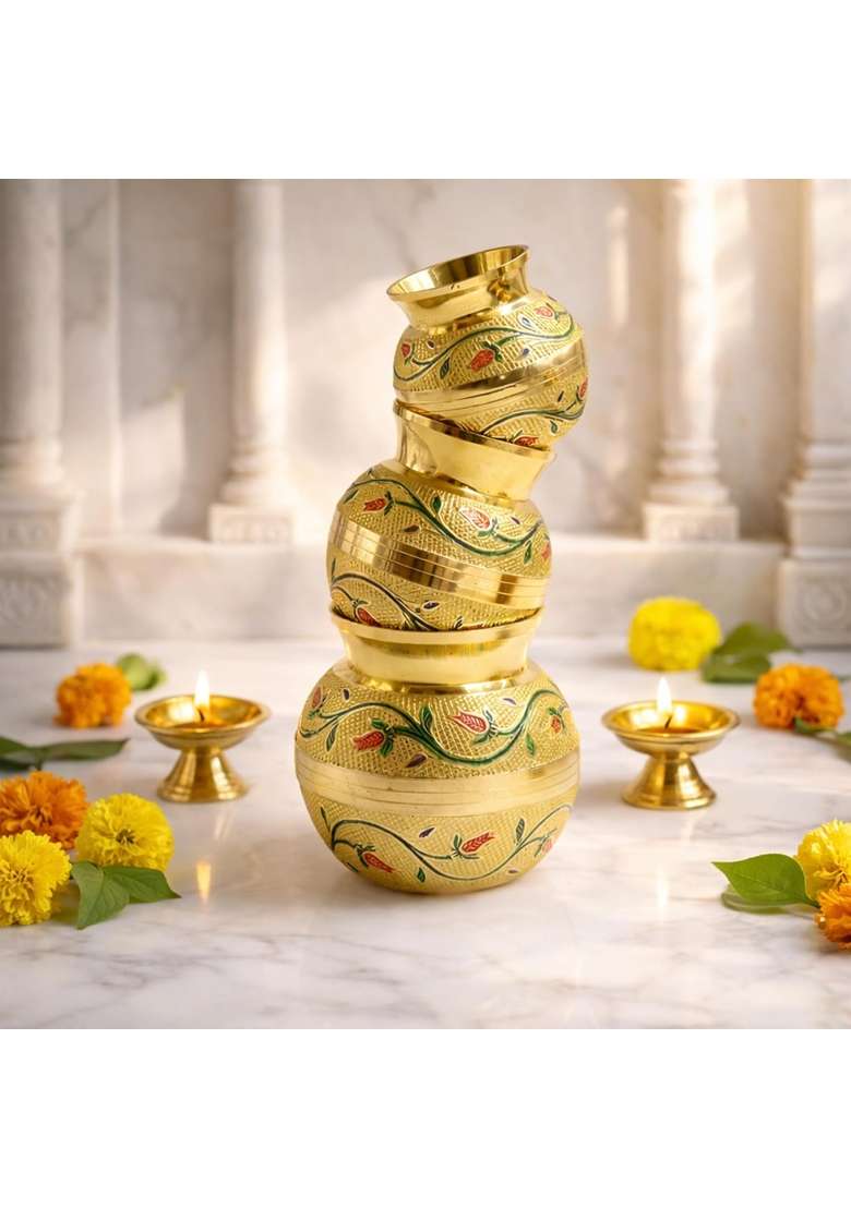Putrika Green Brass Kudam Gubera Panai Set Set of 3 - Indya