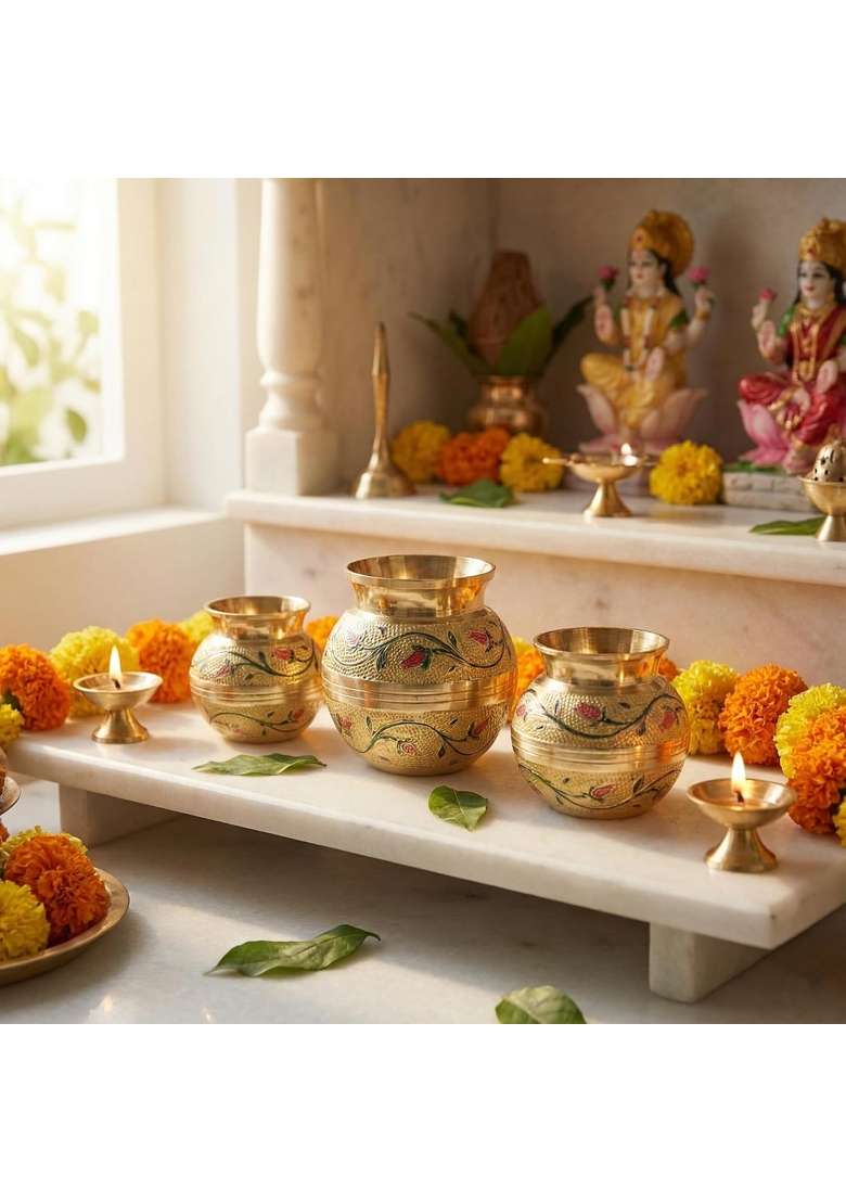 Putrika Green Brass Kudam Gubera Panai Set Set of 3 - Indya