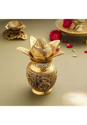 Artsikia Gold Brass Pooja Kalash Design with Lakshmi Ganesha L Lota for Pooja and Home Temple Table Decor Gift