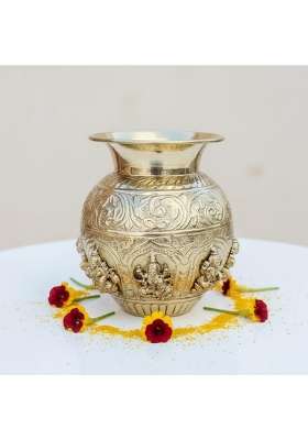 SJL Exports Brass Handcrafted Kalash with Deity Motifs Traditional Antique Gold Finish 15 CM Height