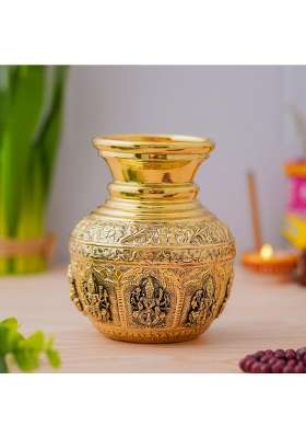 Tholiya Arts Gold Brass 5 and Half Inch Ashta Lakshmi Kalash with Traditional Embossed Design Auspicious Pooja