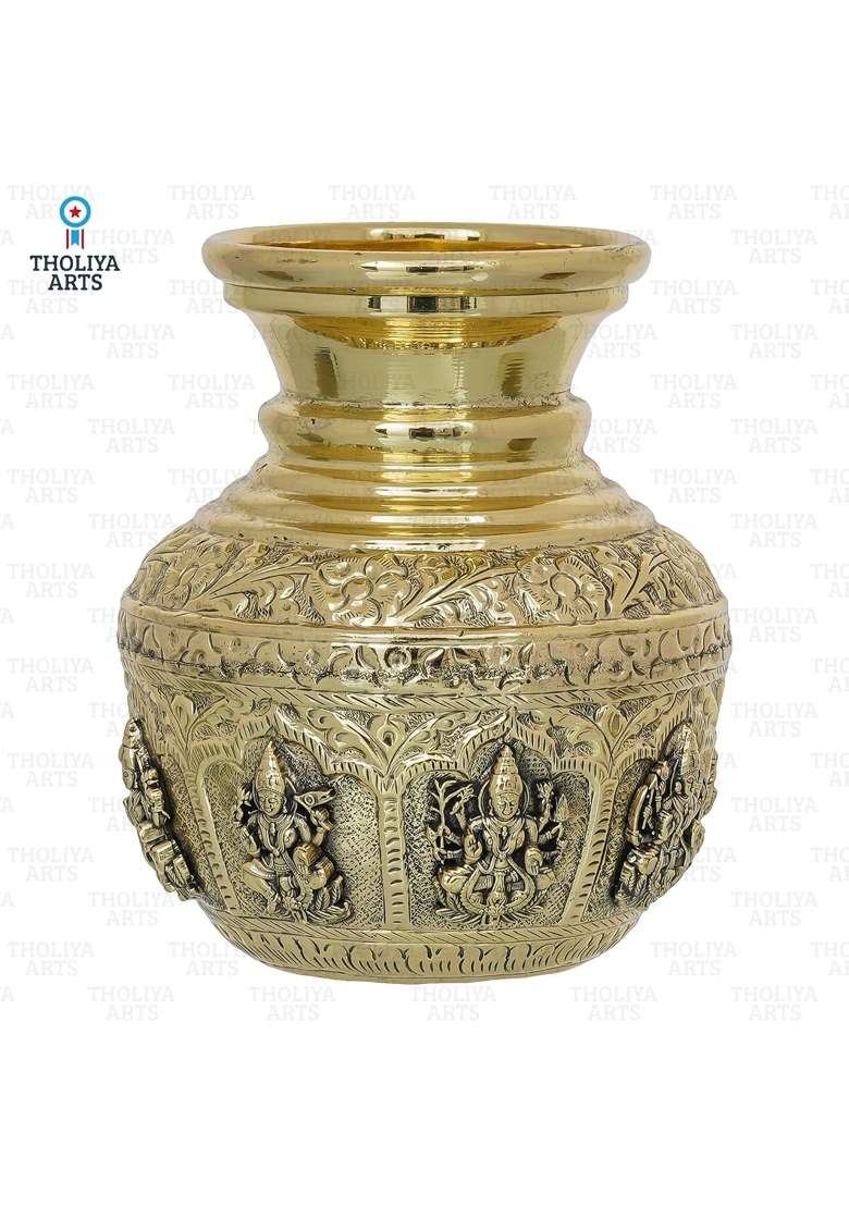 Tholiya Arts Gold Brass 5 and Half Inch Ashta Lakshmi Kalash with Traditional Embossed Design Auspicious Pooja - Indya
