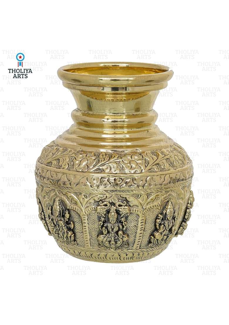 Tholiya Arts Gold Brass 5 and Half Inch Ashta Lakshmi Kalash with Traditional Embossed Design Auspicious Pooja - Indya