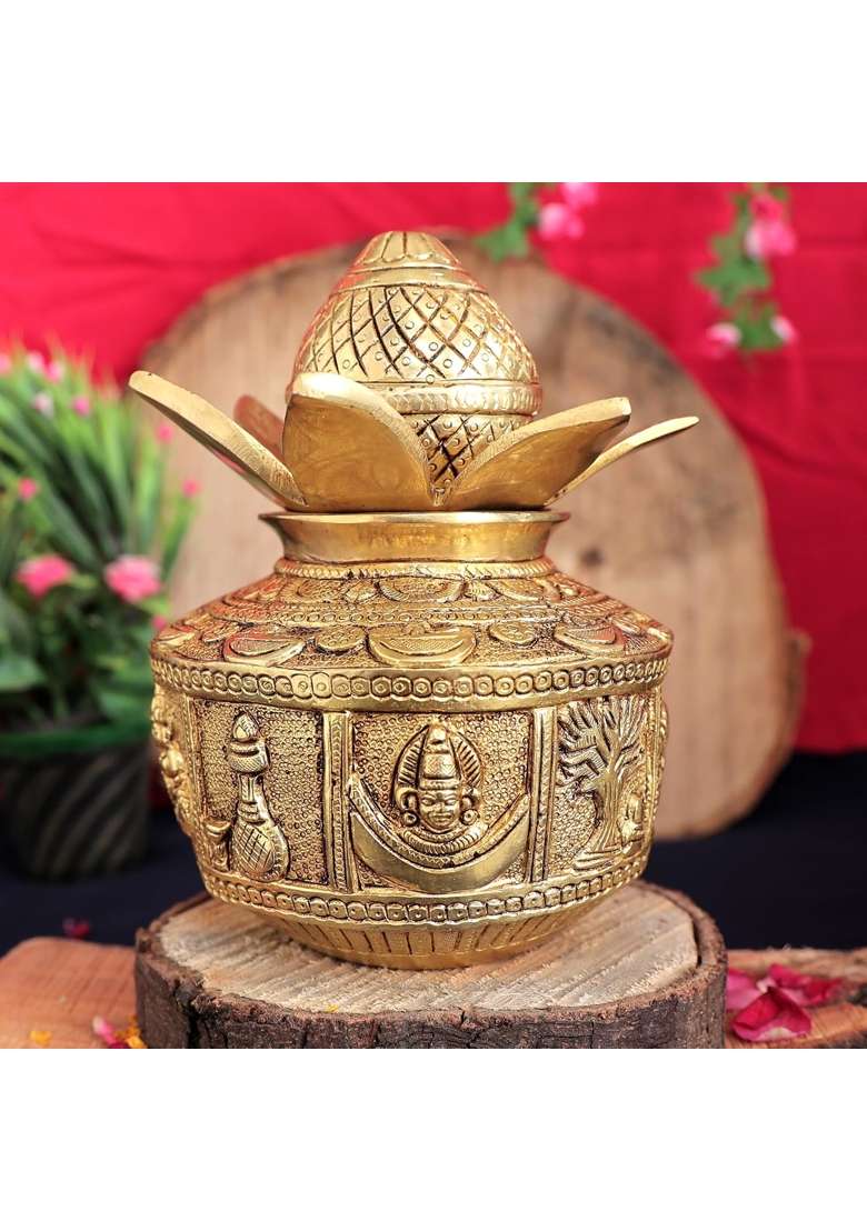 Kalarambh Yellow Brass Pooja Kalash 7 Inch Heavy Traditional Kalash for Mandir and Ritual Use 4 Point 03 KG - Indya