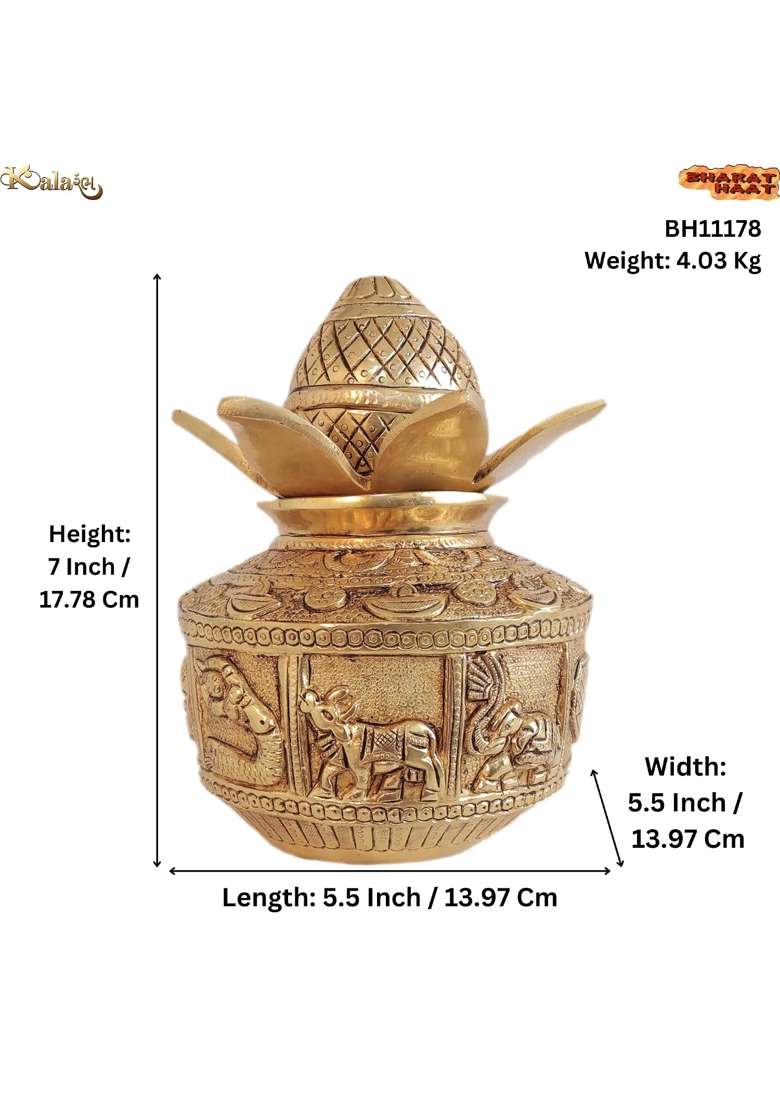 Kalarambh Yellow Brass Pooja Kalash 7 Inch Heavy Traditional Kalash for Mandir and Ritual Use 4 Point 03 KG - Indya