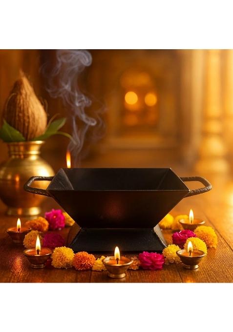 Ozonaturals Black 100 Percent Iron Hawan Kund for Home Big Size Durable Iron Large Havan Kund with Handles
