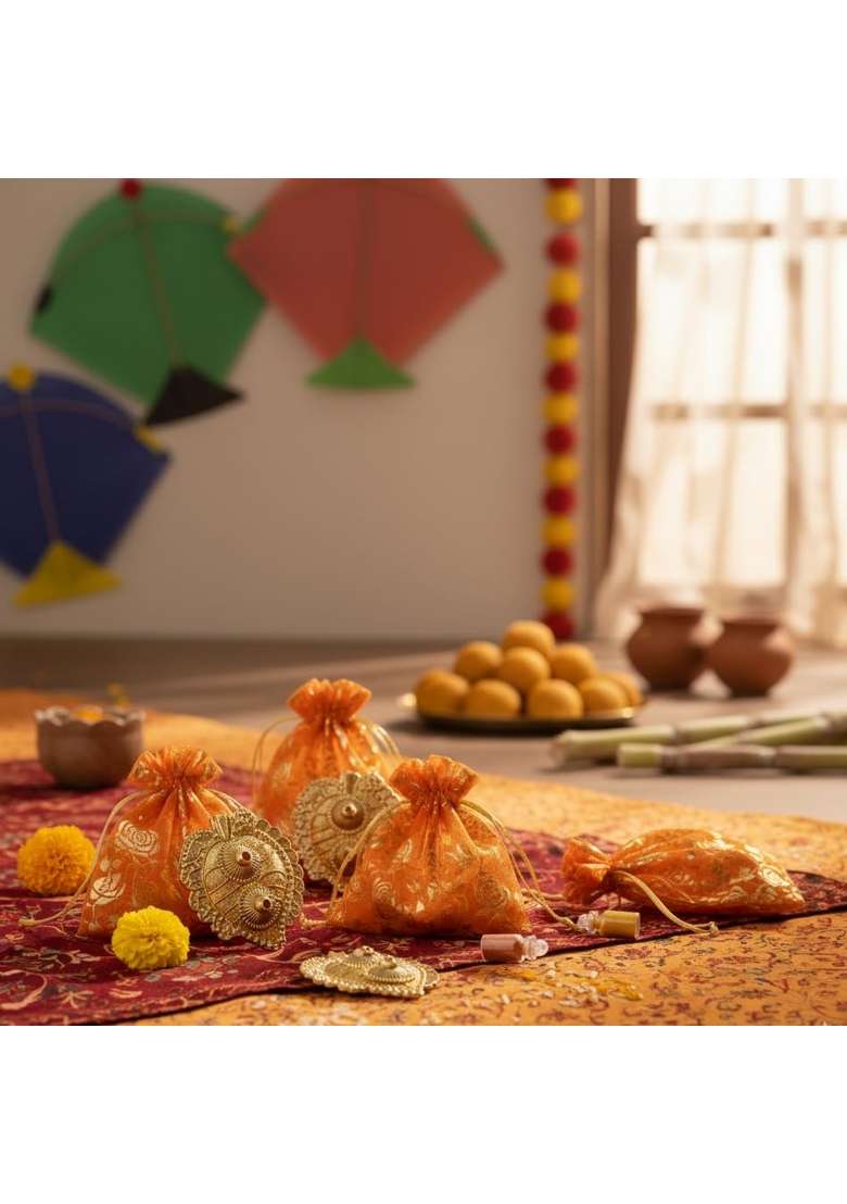 VS Club 50 Pack Gold Plated Haldi Kumkum Karanda with Beautiful Organza Potli and Filled Bottles - Indya
