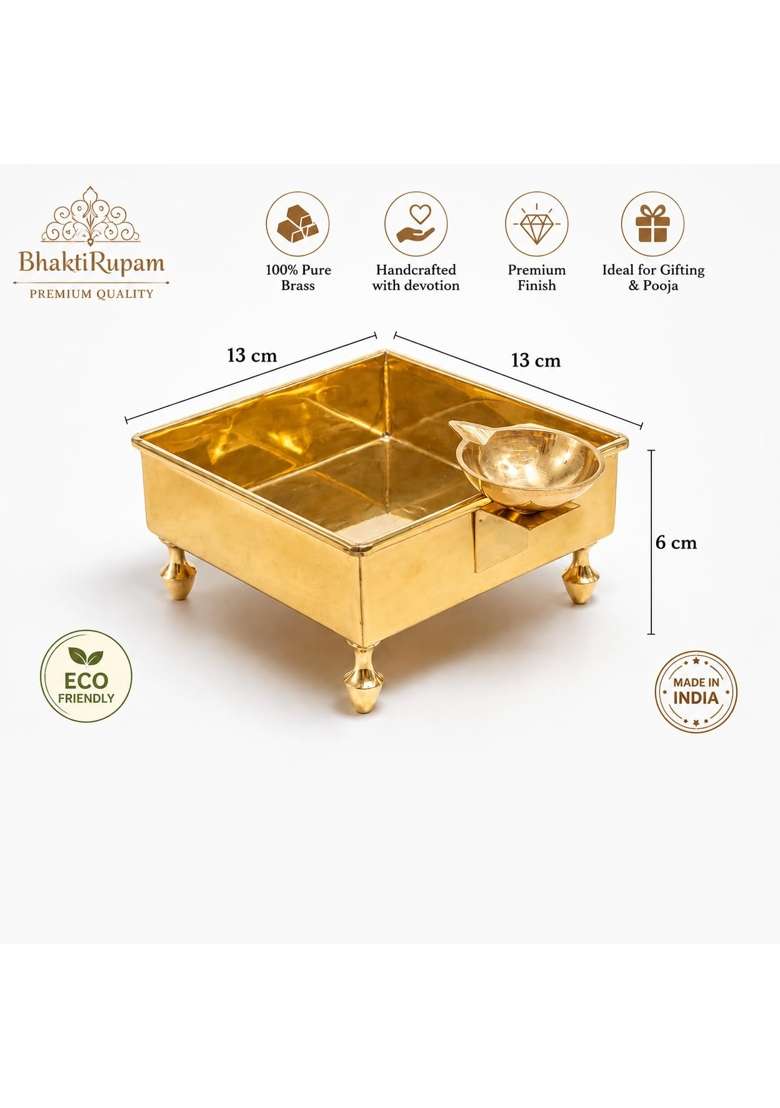 Bhaktirupam Gold Pure Brass Hawan Kund with Diya Stand 13CM - Indya