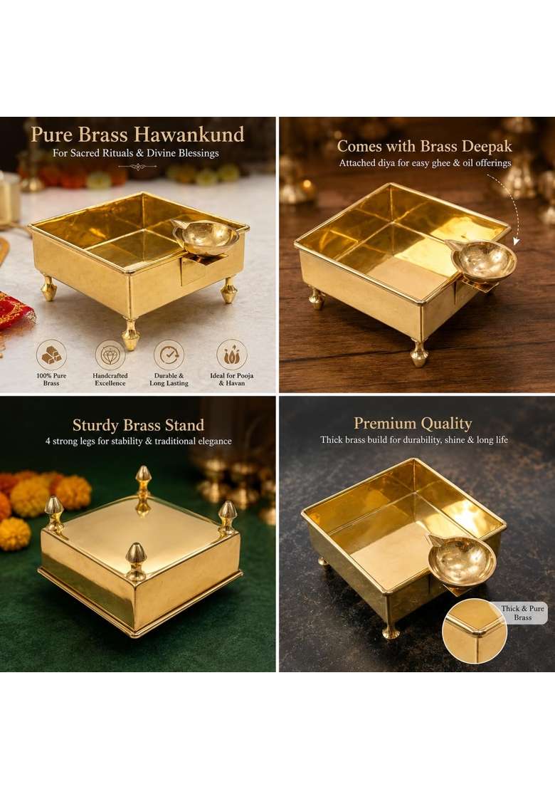 Bhaktirupam Gold Pure Brass Hawan Kund with Diya Stand 13CM - Indya