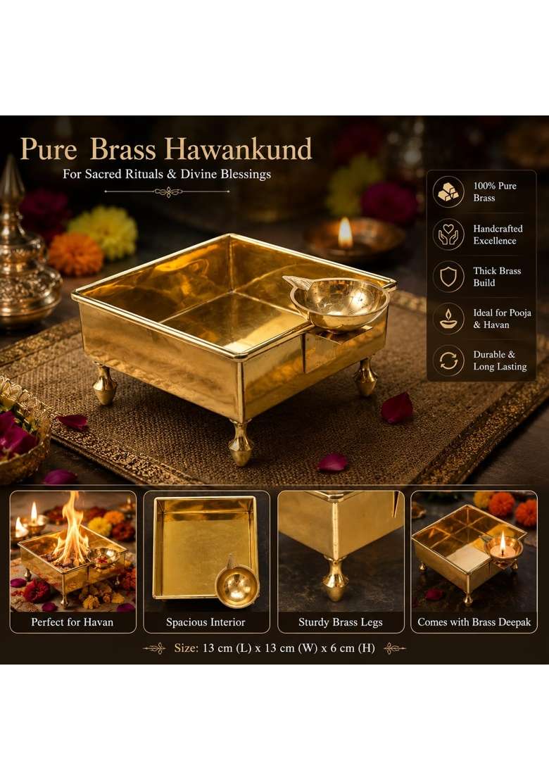 Bhaktirupam Gold Pure Brass Hawan Kund with Diya Stand 13CM - Indya