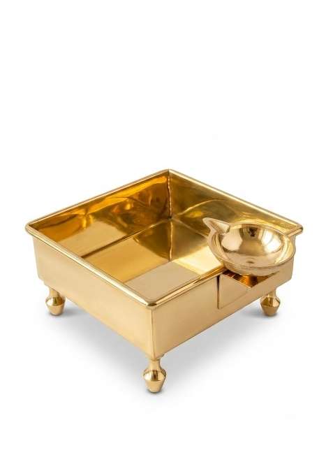 Bhaktirupam Gold Pure Brass Hawan Kund with Diya Stand 13CM