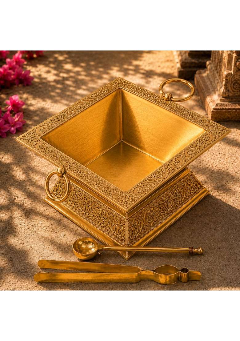 Pure Source India Gold Brass 9 Inch Hawan Kund Set - Indya