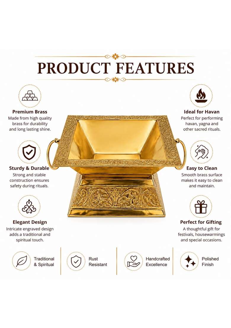 Pure Source India Gold Brass 9 Inch Hawan Kund Set - Indya
