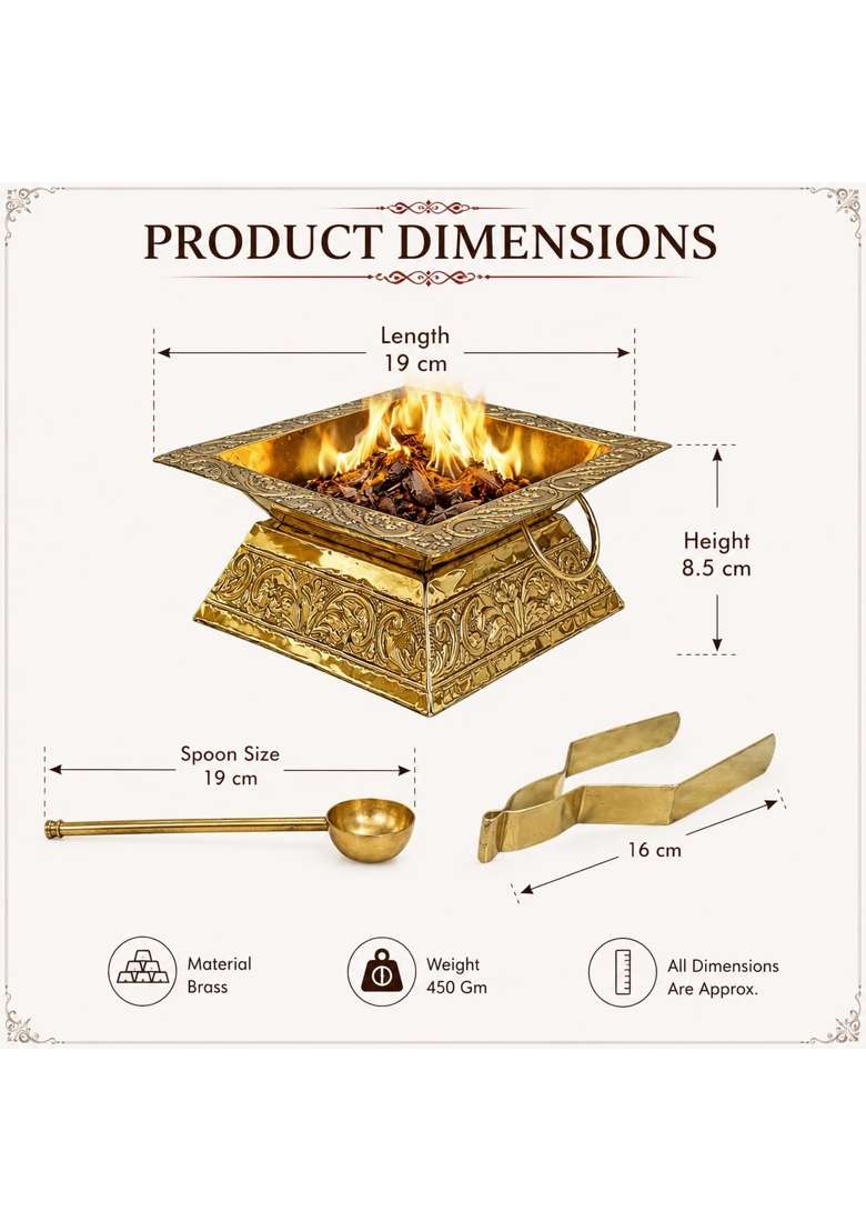 Pure Source India Gold Brass Hawan Kund Set with Spoon and Chimta Tong - Indya