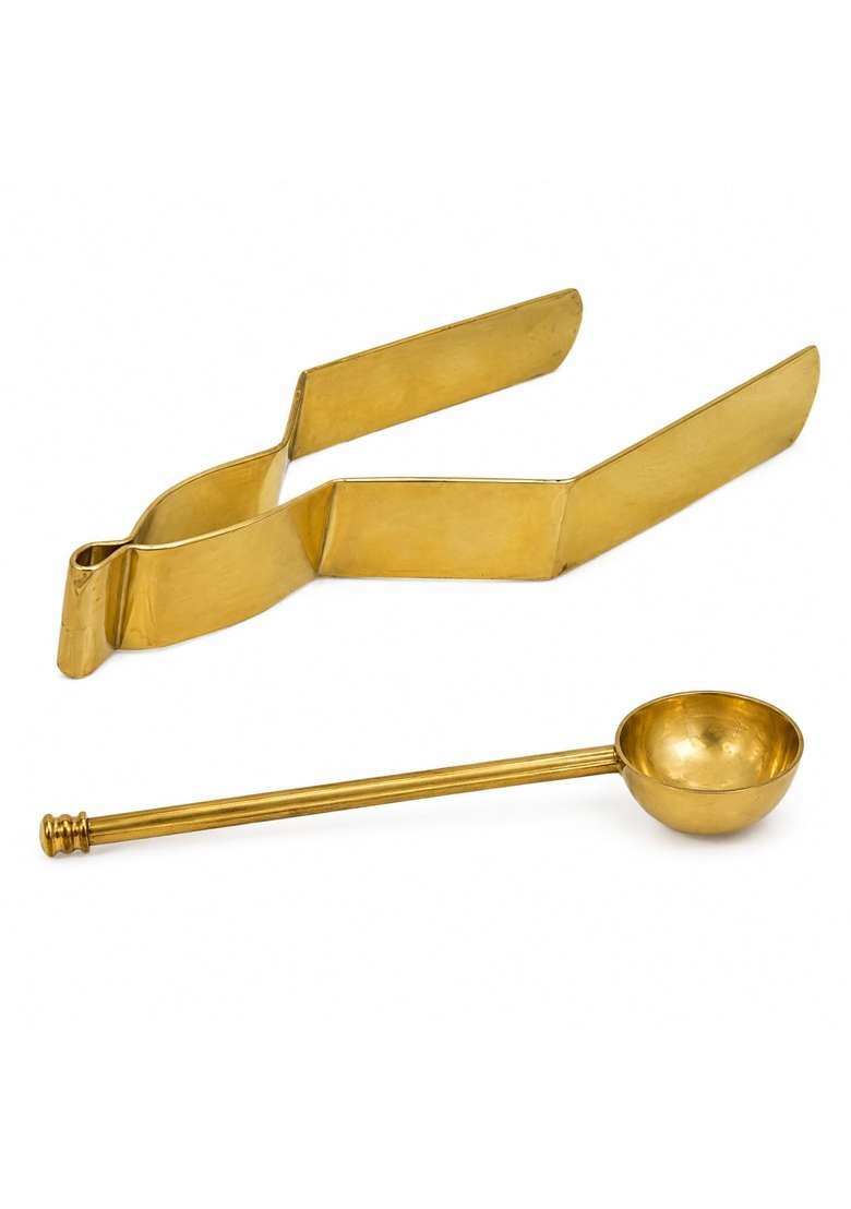 Pure Source India Gold Brass Hawan Kund Set with Spoon and Chimta Tong - Indya