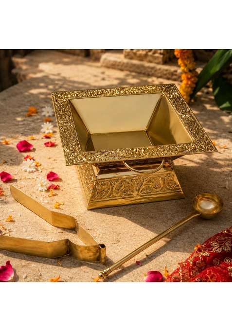 Pure Source India Gold Brass Hawan Kund Set with Spoon and Chimta Tong