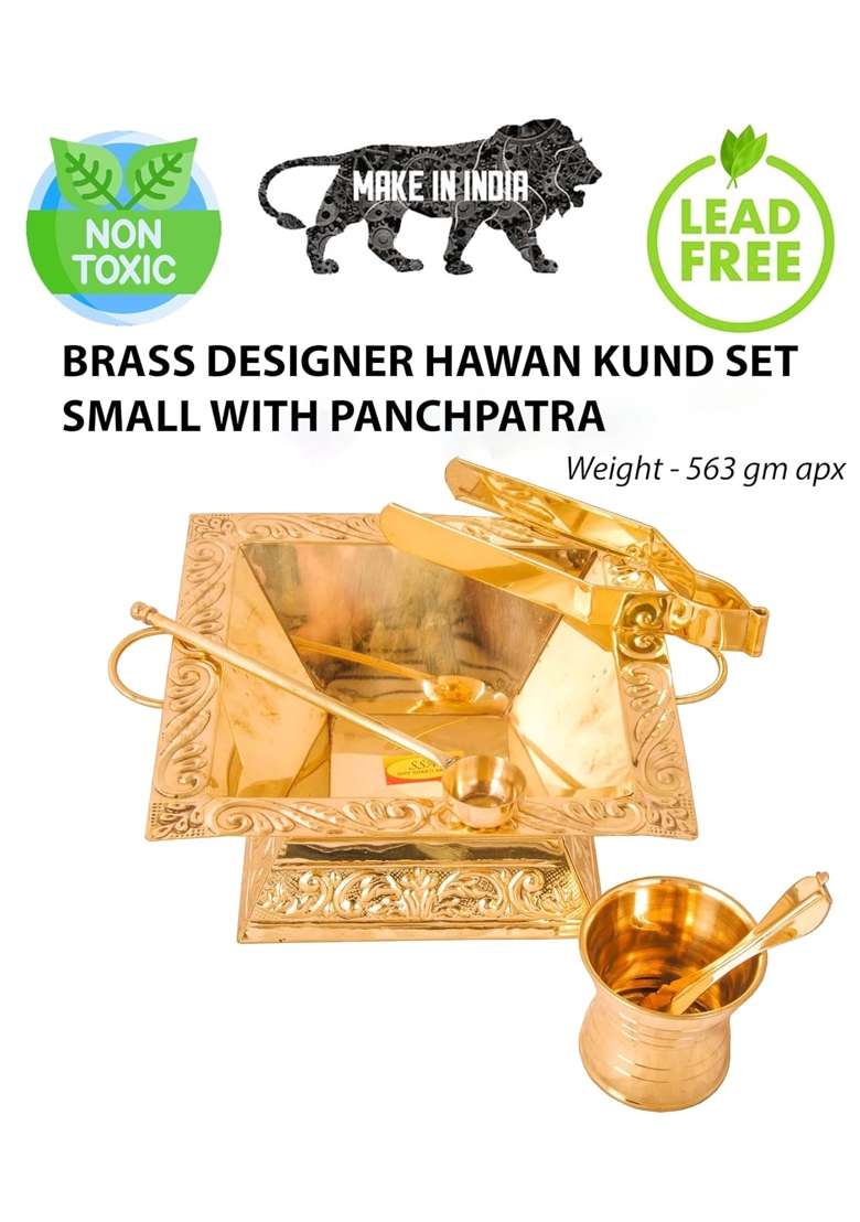 Shiv Shakti Arts Yellow Pure Brass Hawan Kund Agnihotra Set with Both Side Handle and Stand 19 X 19 CM - Indya