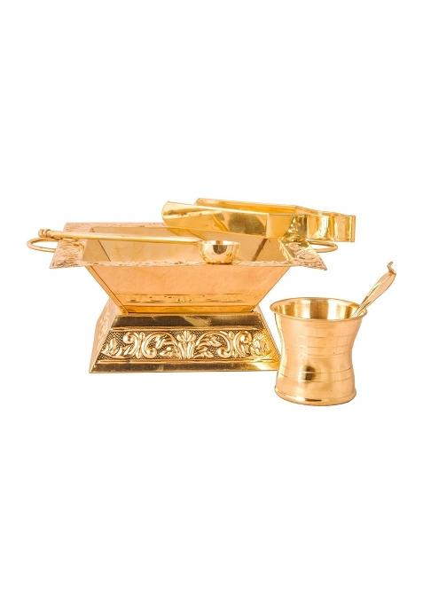 Shiv Shakti Arts Yellow Pure Brass Hawan Kund Agnihotra Set with Both Side Handle and Stand 19 X 19 CM