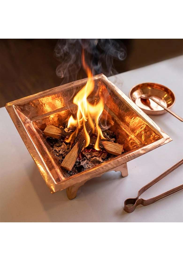 Swaha Traditional Copper Havan Kund Set Pure Copper Vedic Havan Samagri with Aachmani Spoon - Indya