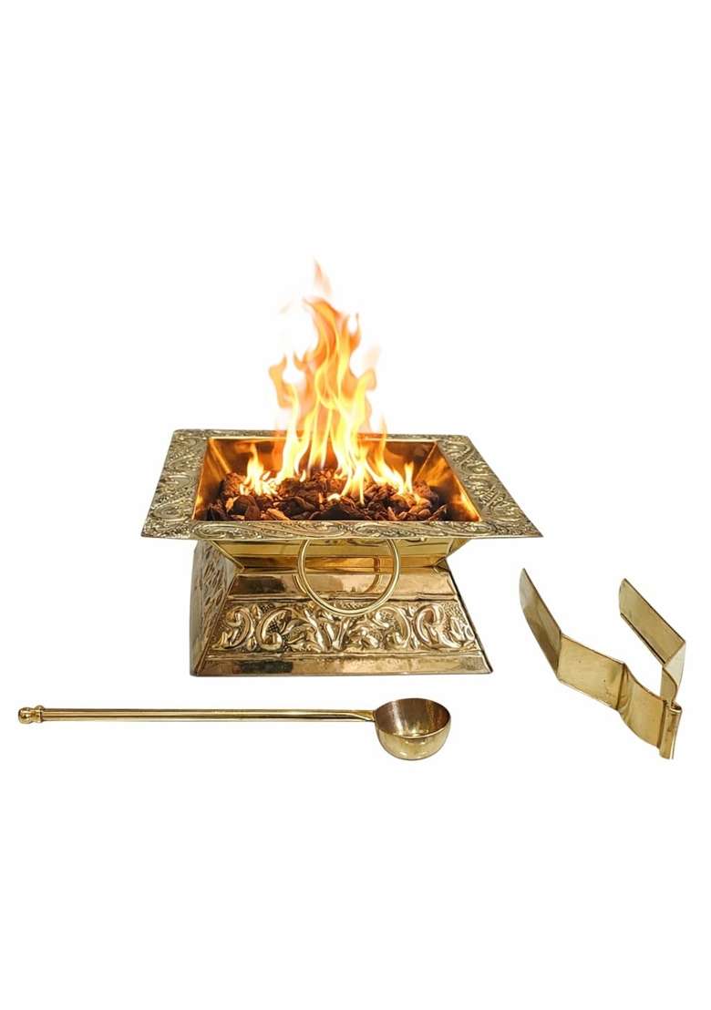 Pital Nagri Ecraft Gold Premium Brass Hawan Kund Set Havan Kund Stand Suchi Spoon Tong Chimta L X B X H - Indya