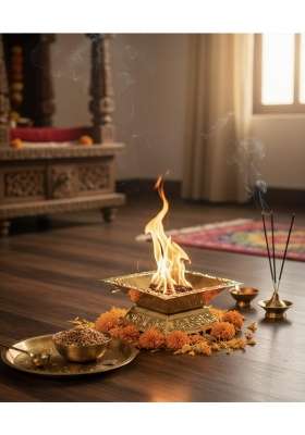 Blissful Decor Gold Premium Brass Hawan Kund Set Havan Kund Stand Suchi Spoon Tong Chimta L X B X H