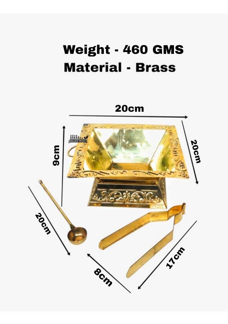 Blissful Decor Gold Premium Brass Hawan Kund Set Havan Kund Stand Suchi Spoon Tong Chimta L X B X H - Indya