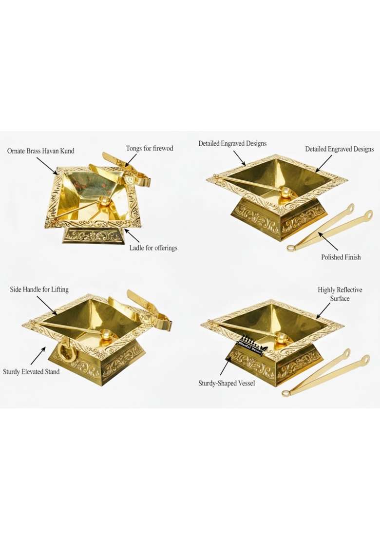 Blissful Decor Gold Premium Brass Hawan Kund Set Havan Kund Stand Suchi Spoon Tong Chimta L X B X H - Indya