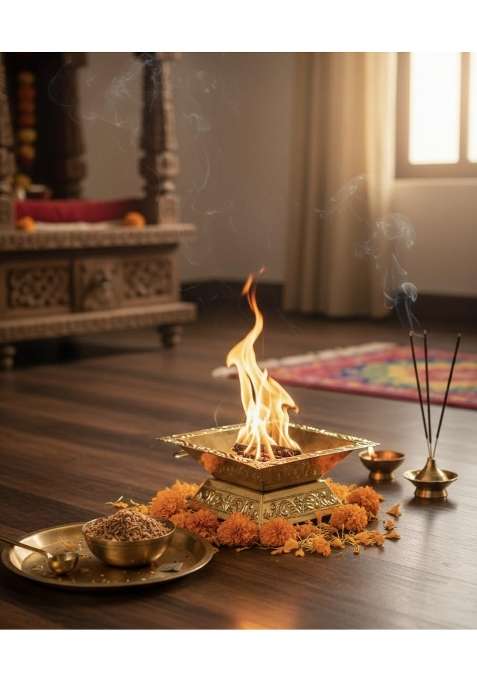 Blissful Decor Gold Premium Brass Hawan Kund Set Havan Kund Stand Suchi Spoon Tong Chimta L X B X H
