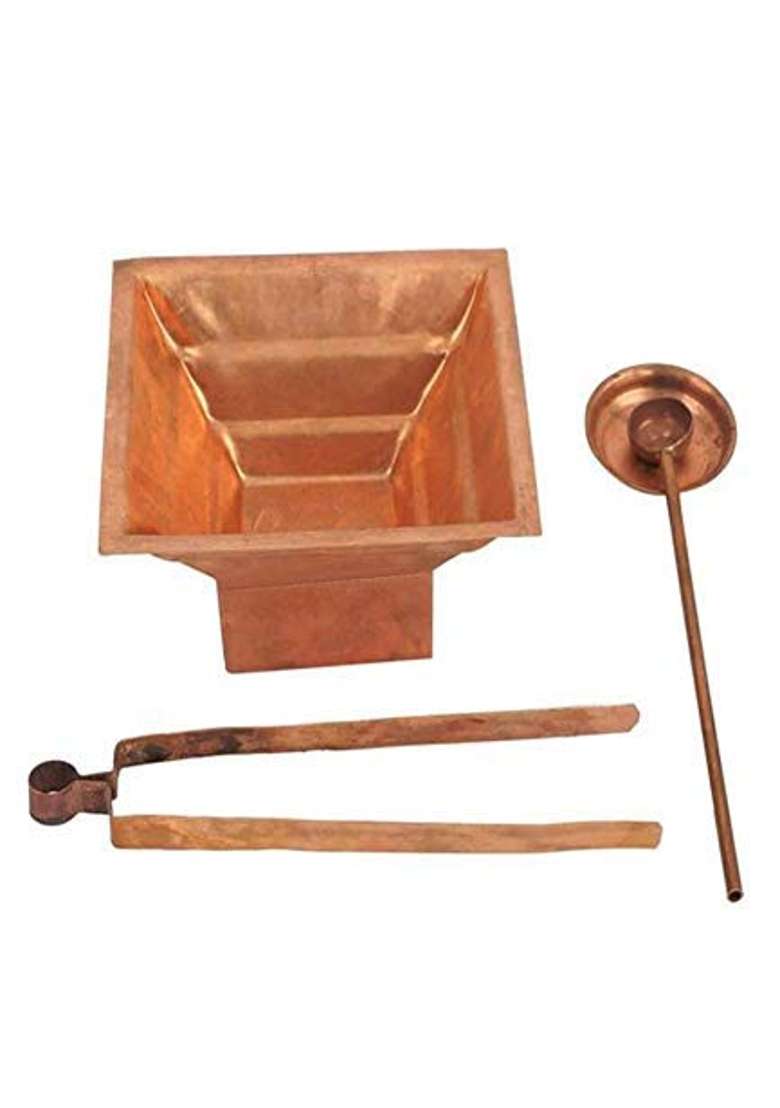 Aditya Shopping Copper Made Havan Suchi Spoon Plate and Chimta Yagna Kund with Patra Set for Pooja 16 INCH - Indya