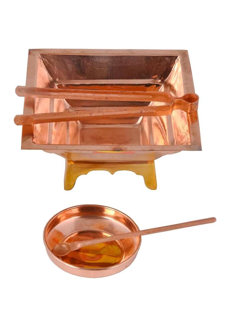 Shiv Shakti Arts Pure Copper Hawan Kund Agnihotra Set with Both Side Handle and Stand 5 Pc Set - Indya