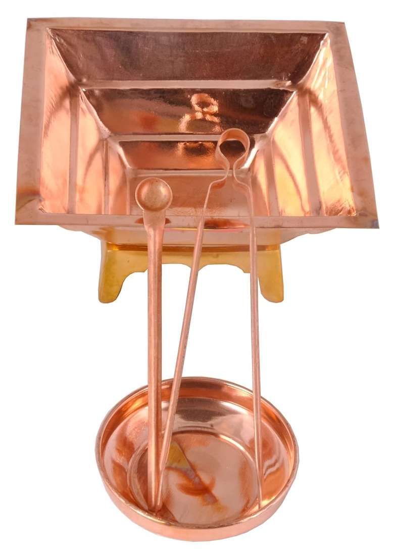 Shiv Shakti Arts Pure Copper Hawan Kund Agnihotra Set with Both Side Handle and Stand 5 Pc Set - Indya
