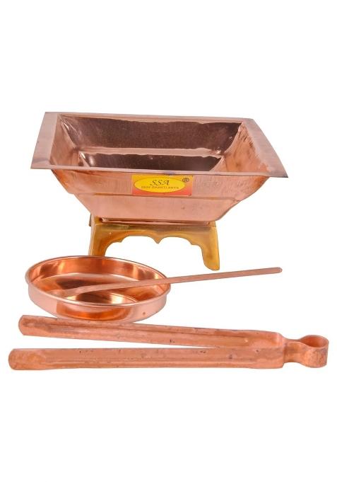 Shiv Shakti Arts Pure Copper Hawan Kund Agnihotra Set with Both Side Handle and Stand 5 Pc Set