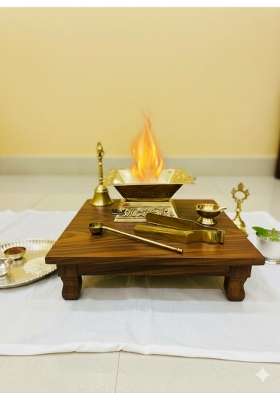 Blissful Decor Gold Premium Brass Hawan Kund Set Havan Kund Stand Suchi Spoon Tong Chimta L X B X H