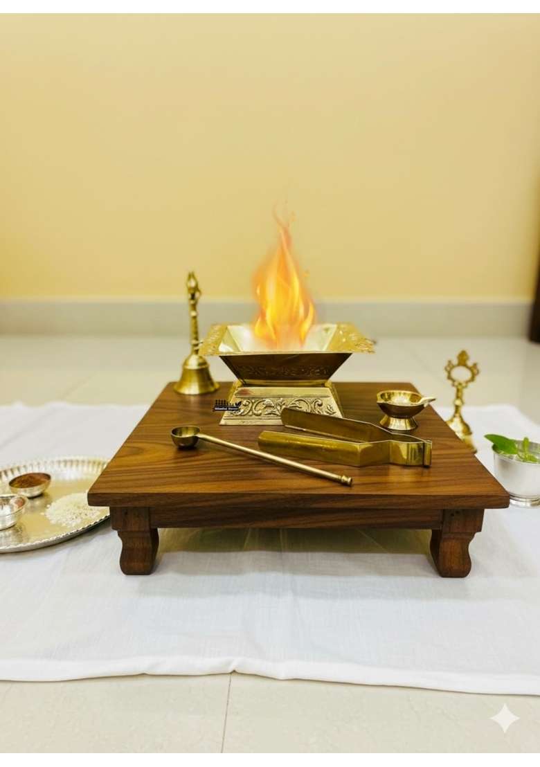 Blissful Decor Gold Premium Brass Hawan Kund Set Havan Kund Stand Suchi Spoon Tong Chimta L X B X H - Indya