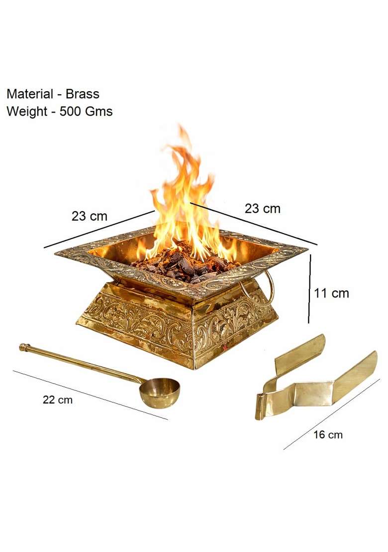 Sanskriti Decor Gold Premium Brass Hawan Kund Set Havan Kund Stand Suchi Spoon Tong Chimta L X B X H - Indya