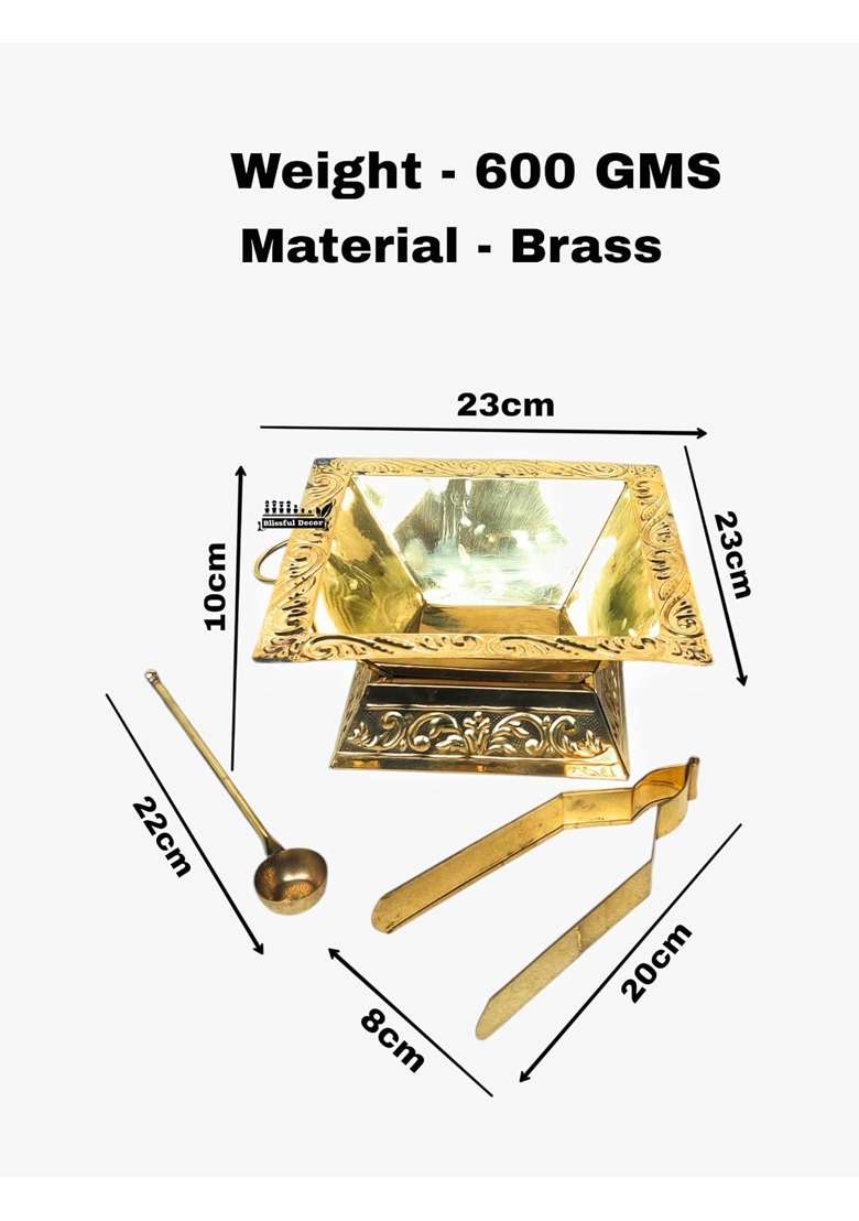 Shree HARI Home Decor Golden Premium Brass Hawan Kund Set Havan Kund Stand Suchi Spoon Tong Chimta L X B X H - Indya