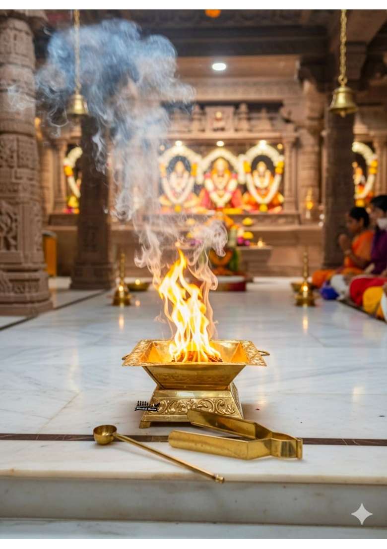 Shree HARI Home Decor Golden Premium Brass Hawan Kund Set Havan Kund Stand Suchi Spoon Tong Chimta L X B X H - Indya