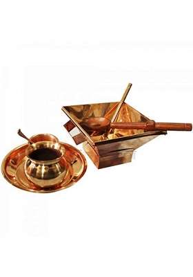 The Himalayan Collections HC Copper Made Havan Kund with Woodn and Brass Spoon