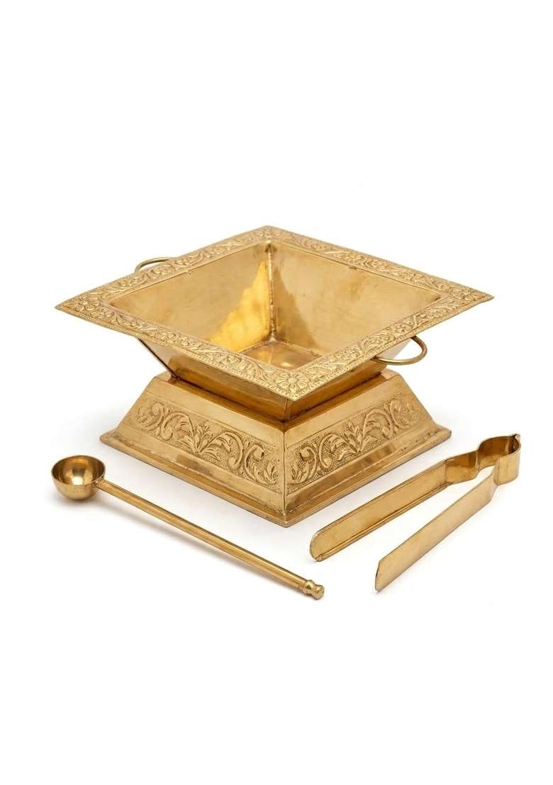 Asha Enchant Decor Gold Brass Hawan Kund Set with Stand Spoon and Tong 23x23x10 CM 600 GM - Indya