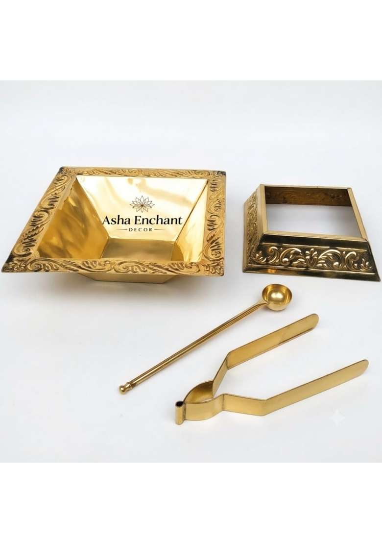 Asha Enchant Decor Gold Brass Hawan Kund Set with Stand Spoon and Tong 23x23x10 CM 600 GM - Indya
