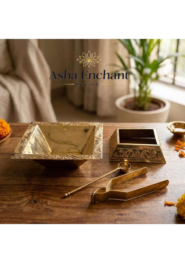 Asha Enchant Decor Gold Brass Hawan Kund Set with Stand Spoon and Tong 23x23x10 CM 600 GM - Indya