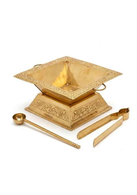 Asha Enchant Decor Gold Brass Hawan Kund Set with Stand Spoon and Tong 23x23x10 CM 600 GM