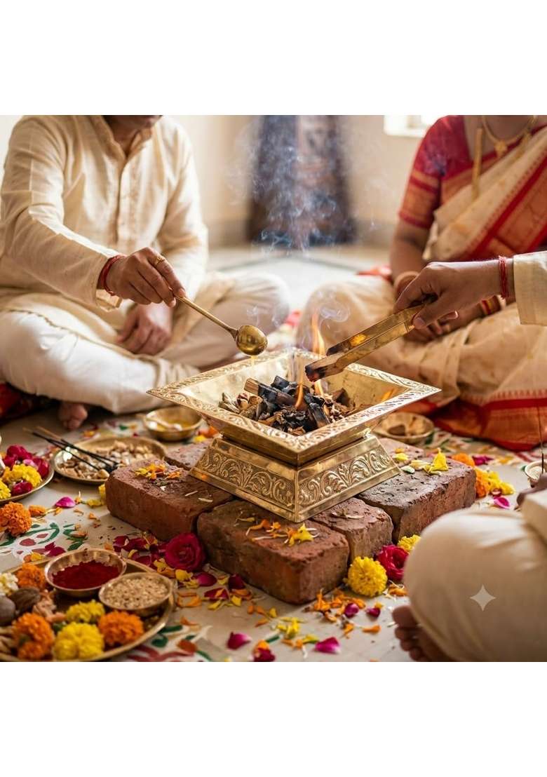 Asha Enchant Decor Gold Premium Brass Hawan Kund Set Havan Kund Stand Suchi Spoon Tong Chimta L B H 20 9 CM - Indya