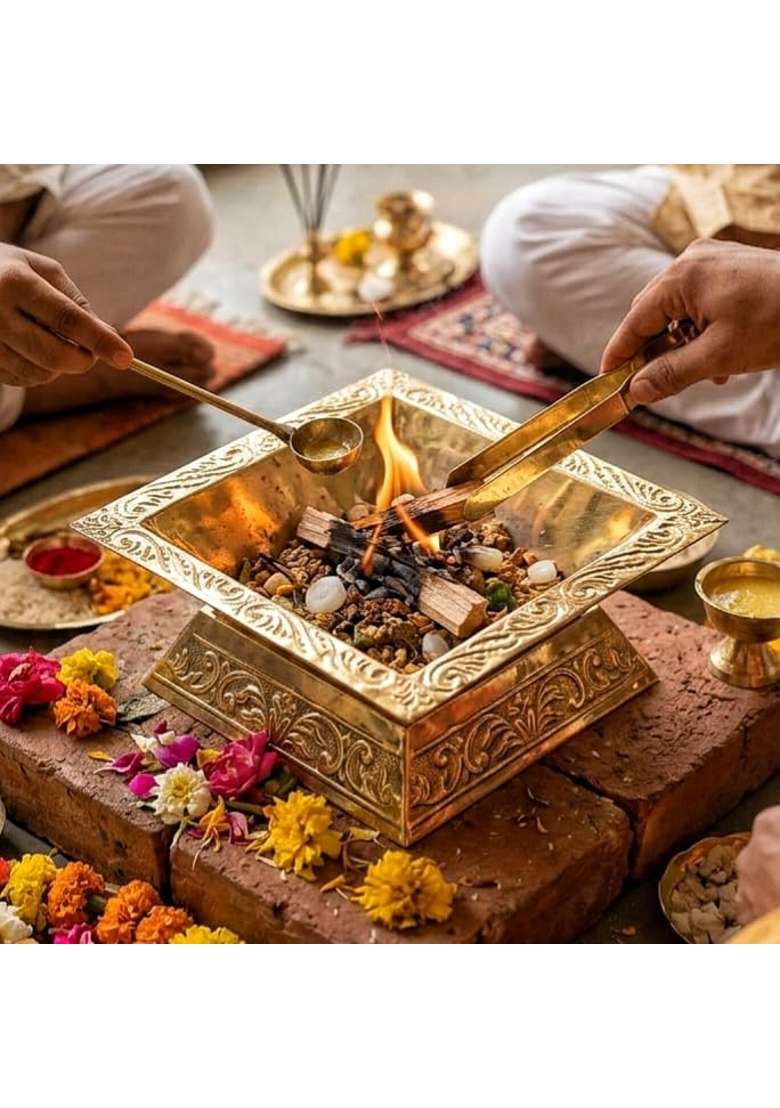 Asha Enchant Decor Gold Premium Brass Hawan Kund Set Havan Kund Stand Suchi Spoon Tong Chimta L B H 20 9 CM - Indya