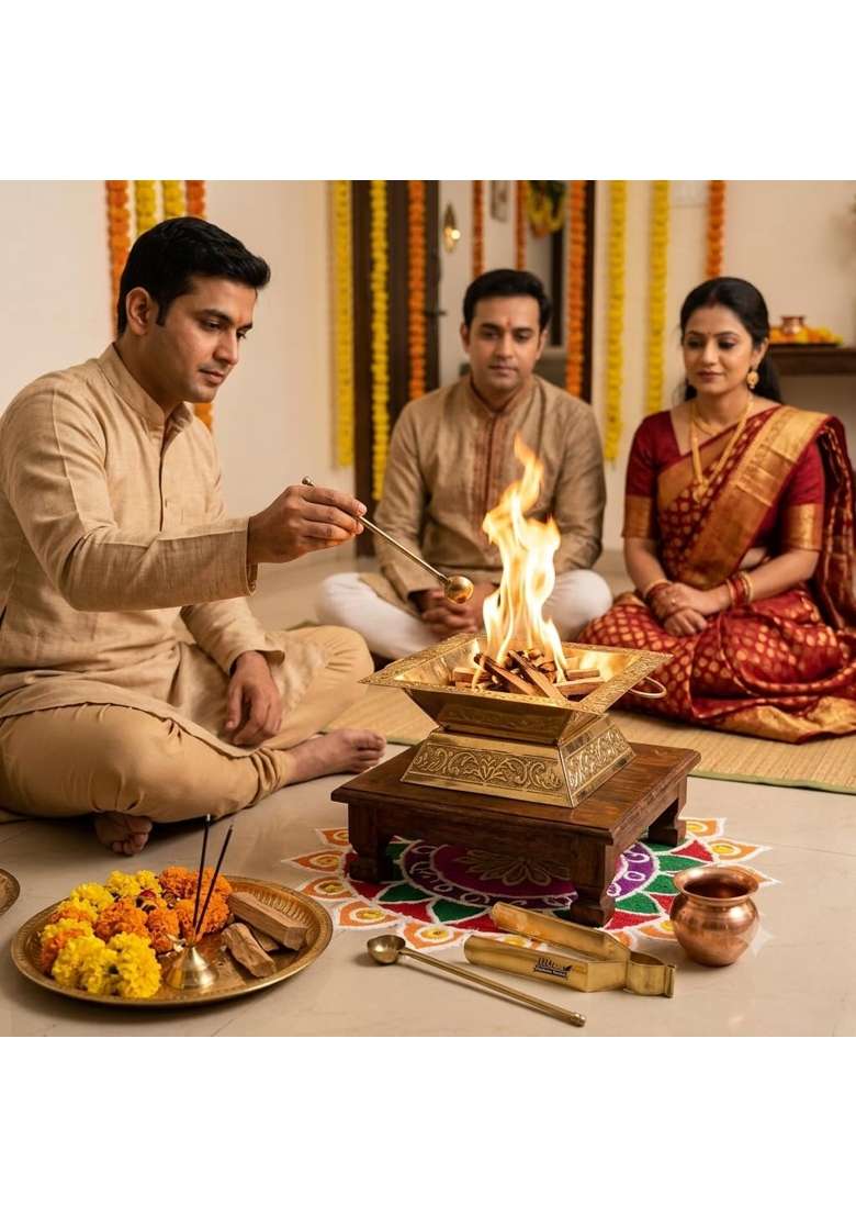 Asha Enchant Decor Gold Premium Brass Hawan Kund Set Havan Kund Stand Suchi Spoon Tong Chimta L B H 20 9 CM - Indya