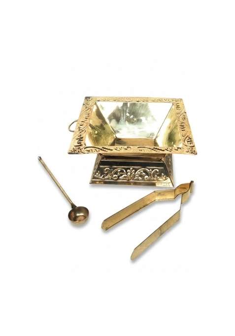 Asha Enchant Decor Gold Premium Brass Hawan Kund Set Havan Kund Stand Suchi Spoon Tong Chimta L B H 20 9 CM