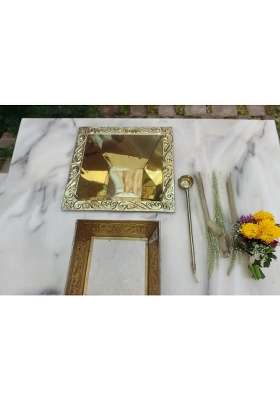 Om Shreejee Decor Golden Premium Brass Hawan Kund Set Havan Kund Stand Suchi Spoon Tong Chimta L X B X H