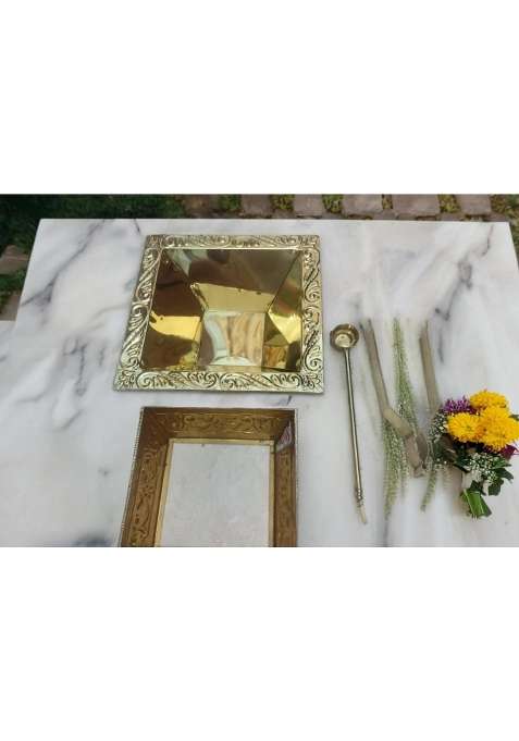 Om Shreejee Decor Golden Premium Brass Hawan Kund Set Havan Kund Stand Suchi Spoon Tong Chimta L X B X H