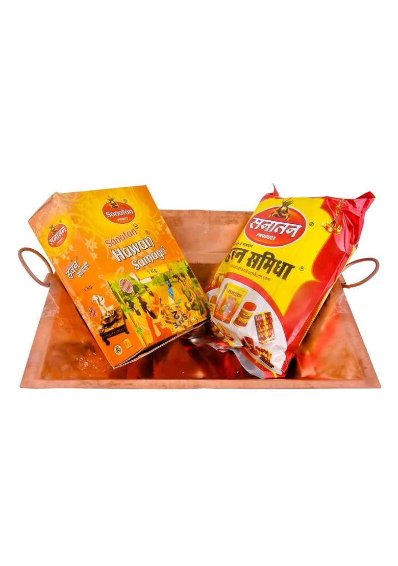 Shiv Shakti Arts Pure Copper Hawan Kund Yagya Kund with Hawan Samagri and Navgrah Samidha Lakdi and Mango Wood - Indya
